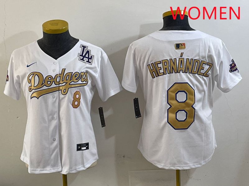 Women Los Angeles Dodgers #8 Hernandez White Gold Game Nike 2025 MLB Jersey style 4294->youth mlb jersey->Youth Jersey